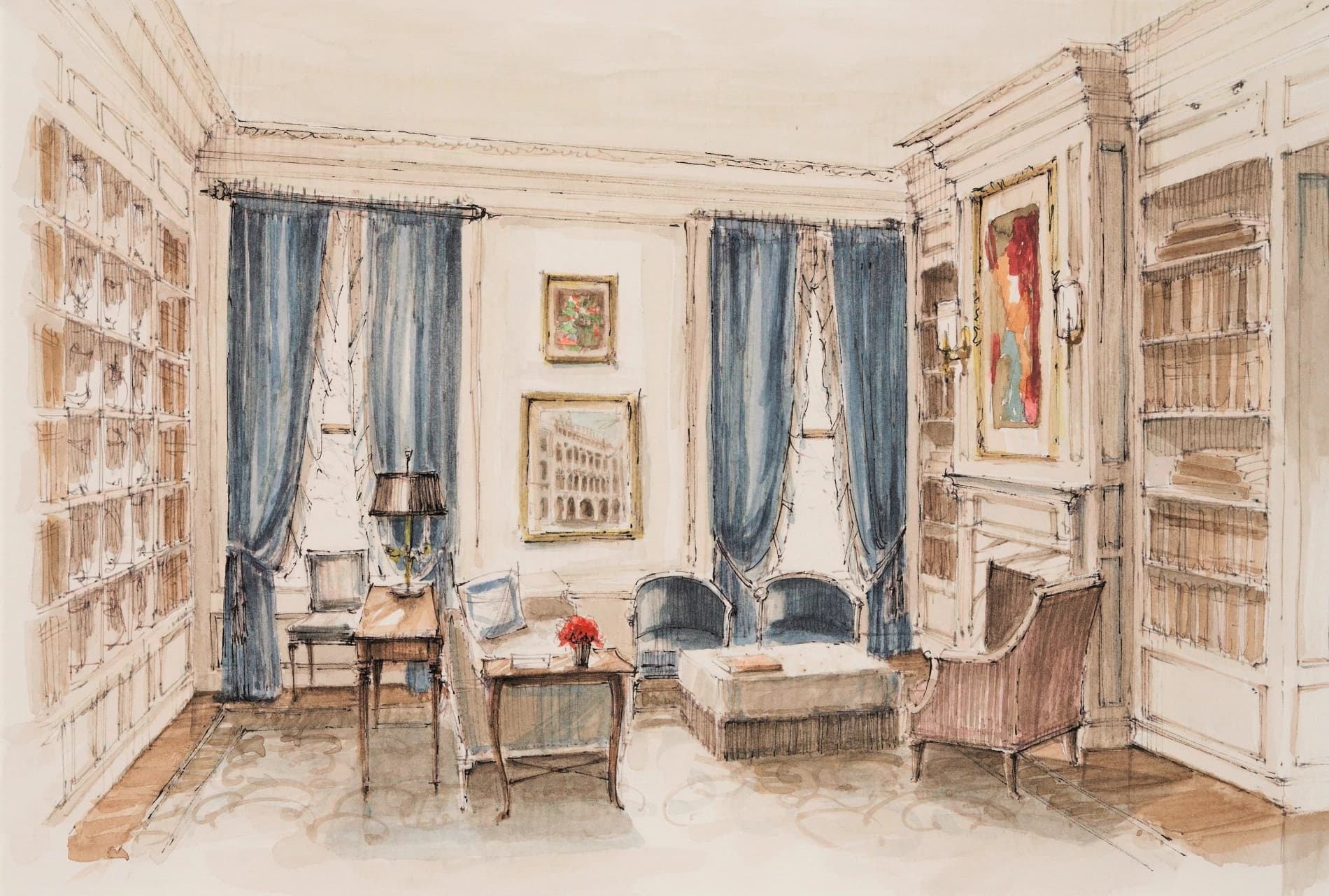 Watercolour interior sketch of a classic living room